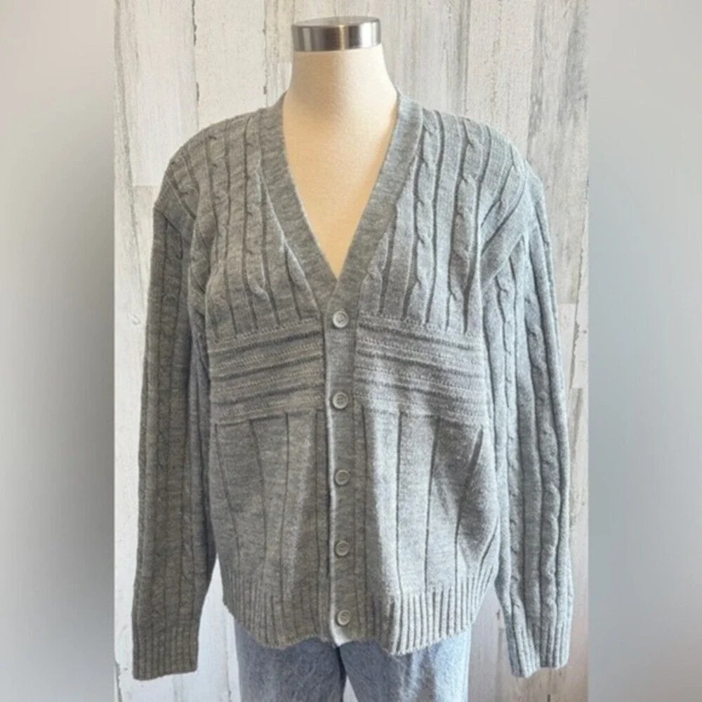 Vintage cardigan cable knit grandpa sweater grey size‎ large men women's